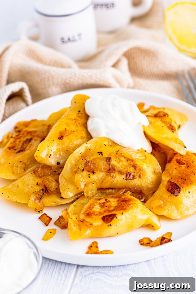 cooked pierogi on plate with onions and sour cream