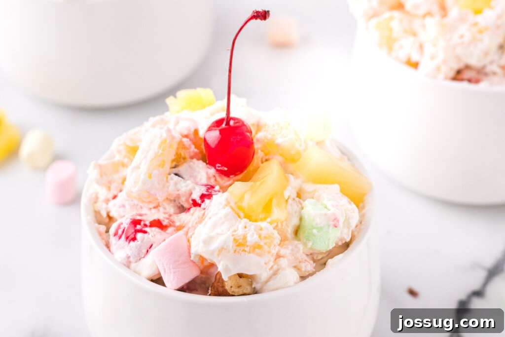 creamy pineapple fluff in white bowl