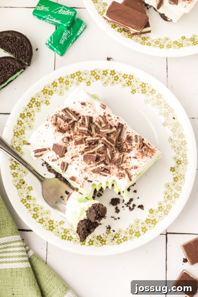 Layers of Luxe: Grasshopper Lasagna 5 An overhead view of a square slice of Grasshopper Lasagna Lush, showing its appealing layers and a sprinkle of Andes mints on top.