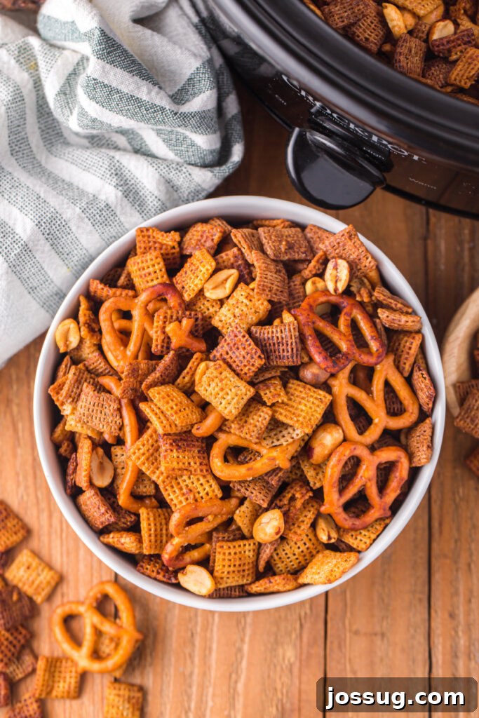 looking down into a bowl of chex mix