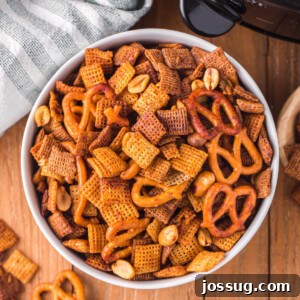 slow cooker chex mix in white bowl