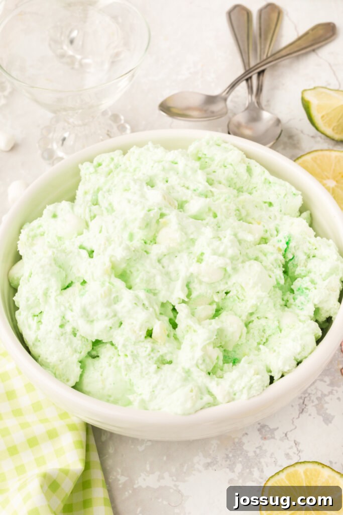 lime fluff salad (aka seafoam salad) in bowl