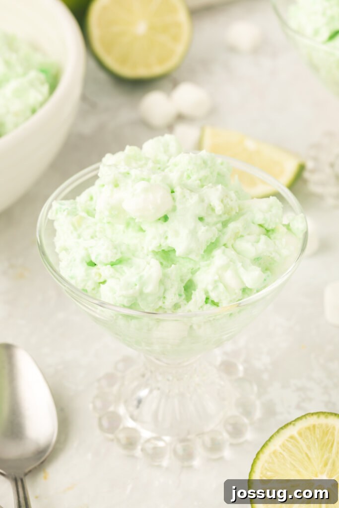 lime fluff sald in glass serving bowl