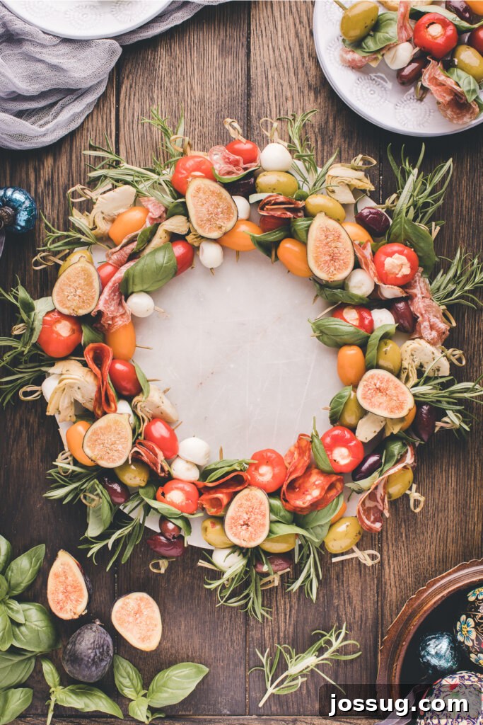 Gourmet Grazing Wreath 2 An exquisite Antipasto Wreath, brimming with colorful ingredients like cured meats, cheeses, olives, and fresh herbs, beautifully arranged on a dark wooden table, ready to serve as a festive centerpiece.