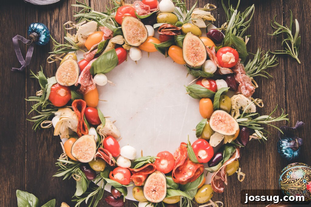 Gourmet Grazing Wreath 11 A mesmerizing close-up photograph of a lavish Antipasto Wreath, highlighting the intricate details and vibrant, fresh ingredients such as creamy mozzarella, thinly sliced cured meats, bright cherry tomatoes, and aromatic basil leaves, creating an irresistible invitation to indulge.