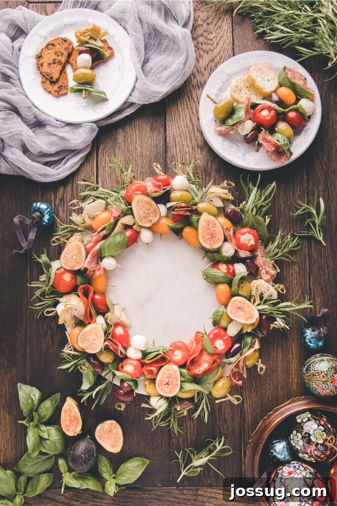 Gourmet Grazing Wreath 8 A fully assembled, stunning Antipasto Wreath, richly adorned with a medley of colorful ingredients and fresh green herbs, is prominently displayed on a dark wooden table, radiant and ready to be served to eager guests.