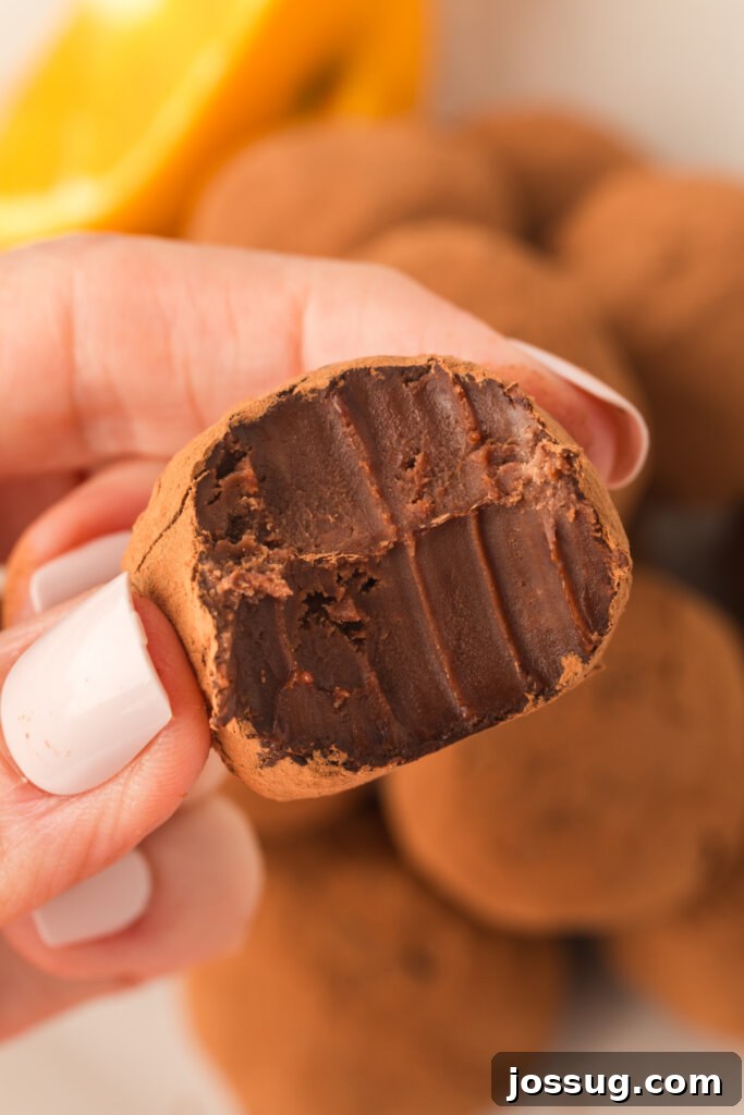 A hand holding a perfectly coated chocolate orange truffle, showcasing its rich texture