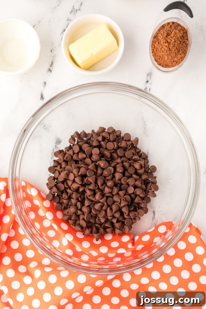 Chocolate chips in a bowl, ready for melting