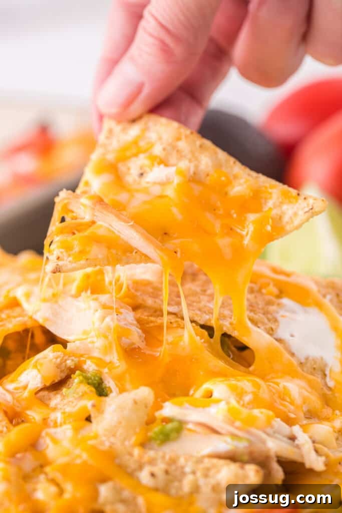 Loaded Chicken Nachos 5 hand lifting up a chicken nacho