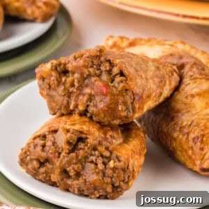 closeup of a beef empanada split in half to show the saucy inside
