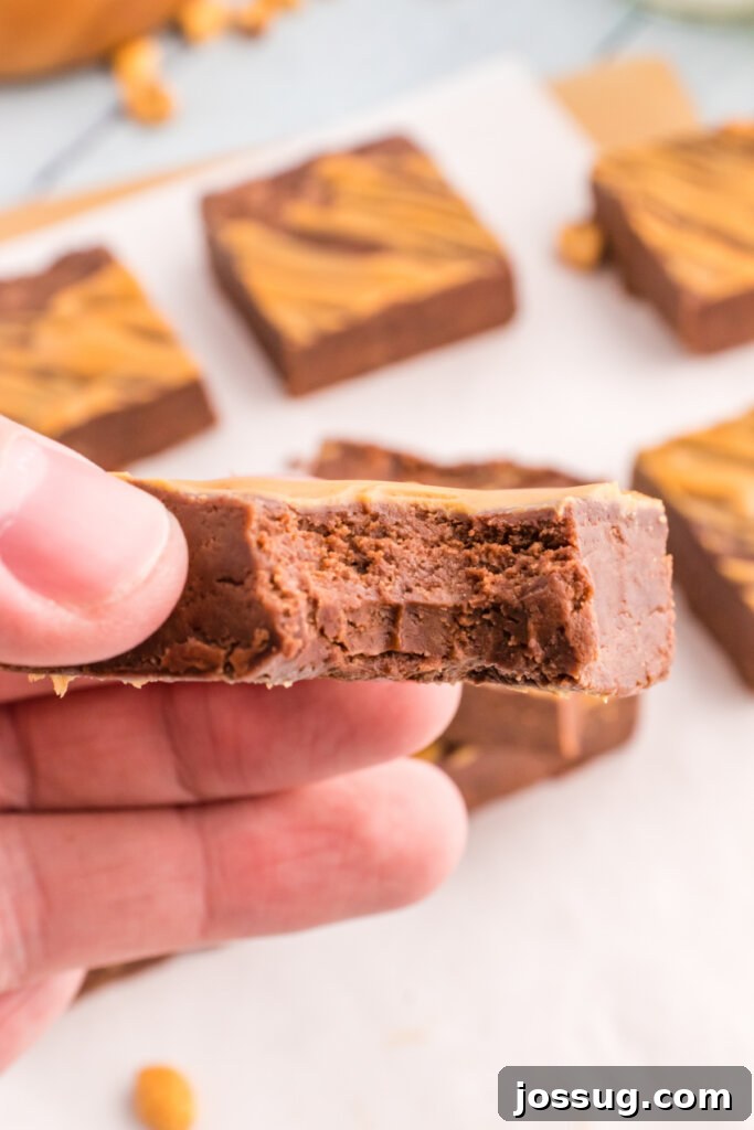 Decadent Chocolate Peanut Butter Fudge 4 Close-up of a hand holding a bitten piece of chocolate peanut butter fudge, showing its creamy texture.
