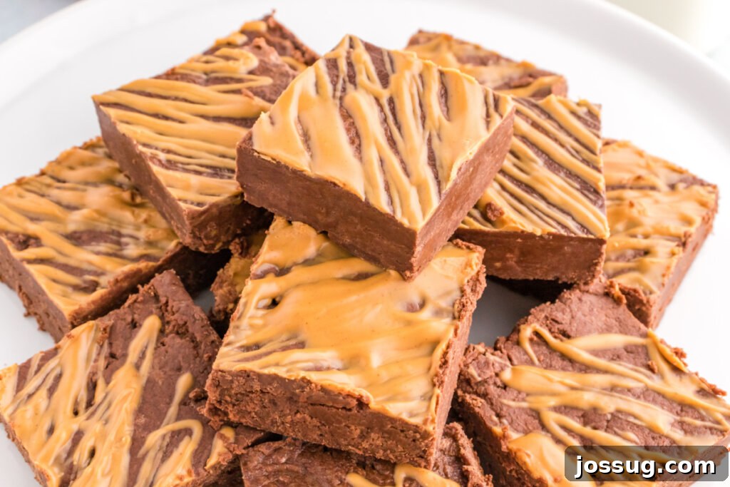 Decadent Chocolate Peanut Butter Fudge 5 Closeup of chocolate peanut butter fudge squares stacked on a white plate, highlighting the texture and drizzle.