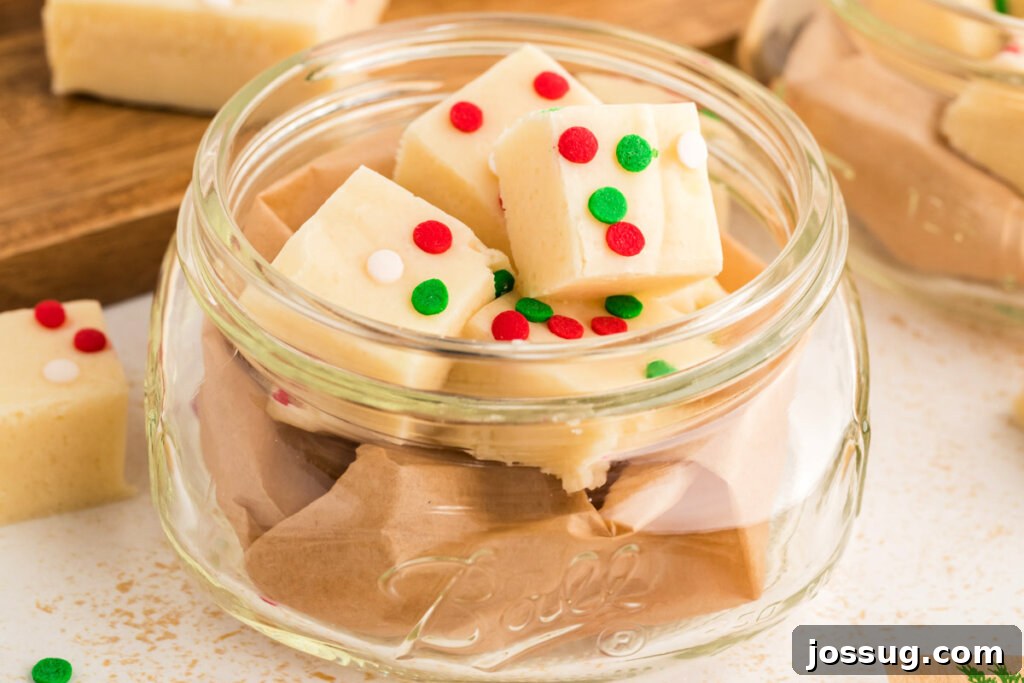 Frosted Sugar Cookie Fudge 6 Individual pieces of vibrant sugar cookie fudge, beautifully arranged and adorned with festive sprinkles in a small glass jar