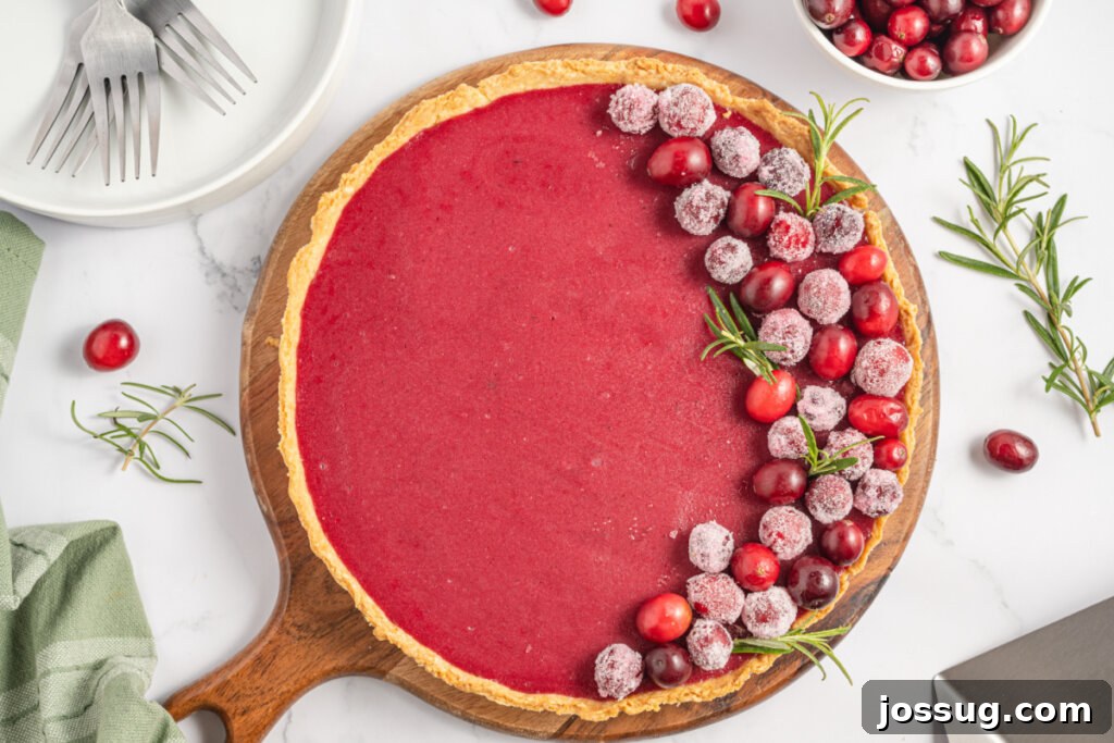 whole unsliced cranberry curd tart from a slightly elevated angle
