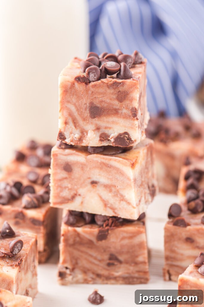 Fudgy Cookie Dough Delight 2 three pieces of cookie dough fudge stacked