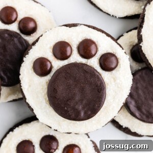 Close-up of a decorated polar bear paw cookie, showing its detail and texture