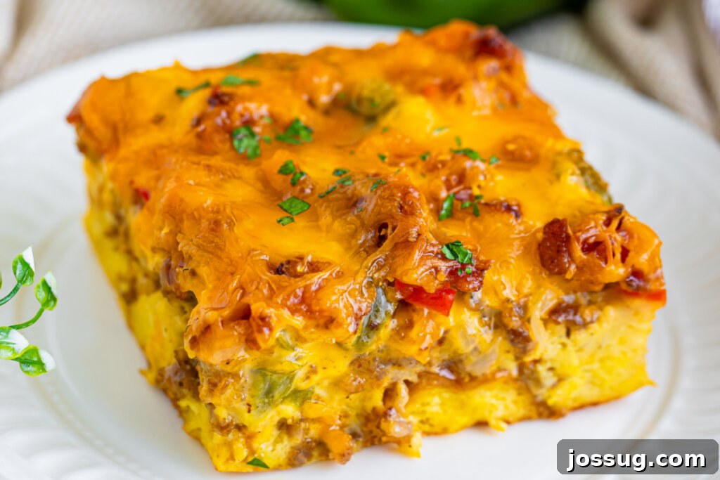Make-Ahead Christmas Morning Strata 6 closeup of breakfast casserole slice on plate