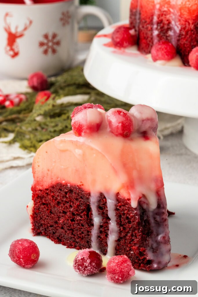 Holiday Red Velvet Flan Delight 5 A delectable piece of Red Velvet Flan Holiday Cake on a plate, showcasing the distinct layers.