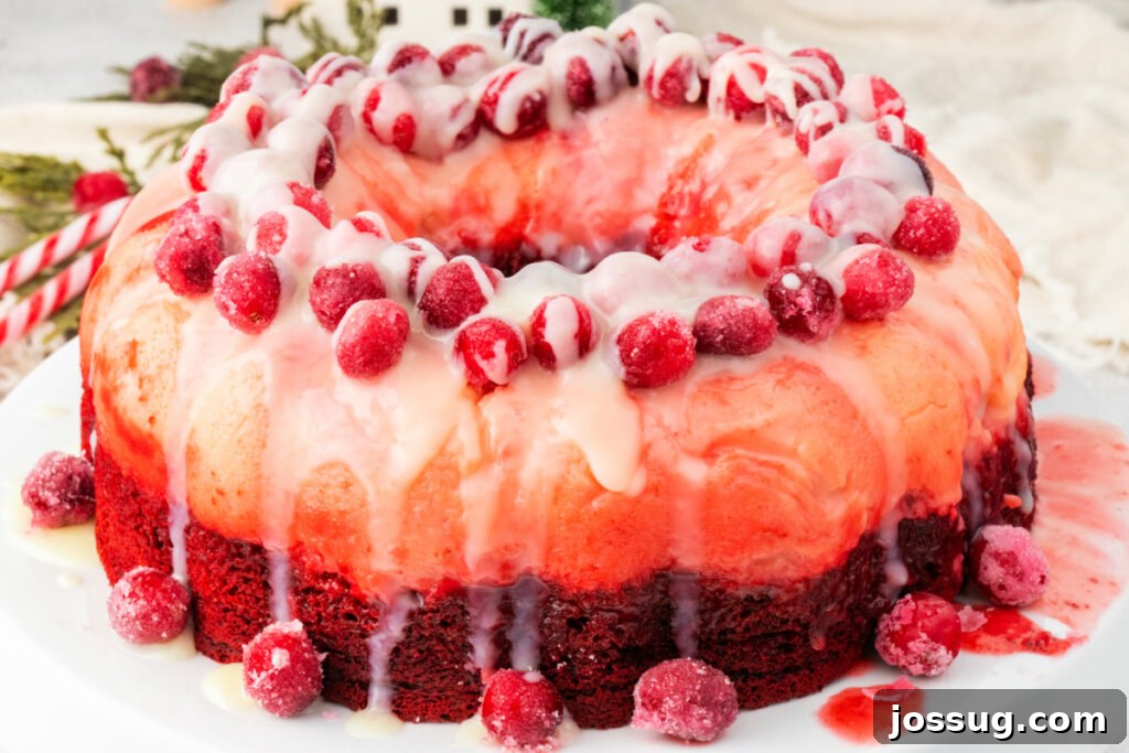 Holiday Red Velvet Flan Delight 6 The full Red Velvet Flan Holiday Cake presented on a beautiful serving platter, ready for slicing.