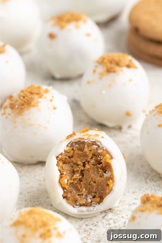 A perfectly halved gingerbread truffle, showcasing its dense, spiced interior texture and smooth coating, inviting a delicious bite.