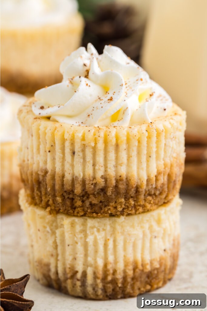 Festive Eggnog Cheesecake Bites 3 two mini eggnog cheesecakes stacked