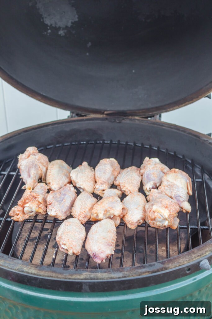 Raw seasoned chicken wings arranged neatly on the grates of a hot grill, ready to be cooked to crispy perfection.