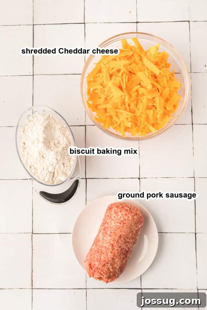 Cheesy Sausage Balls 3 A selection of fresh ingredients including ground sausage, biscuit mix, and shredded cheese, laid out for making sausage balls.
