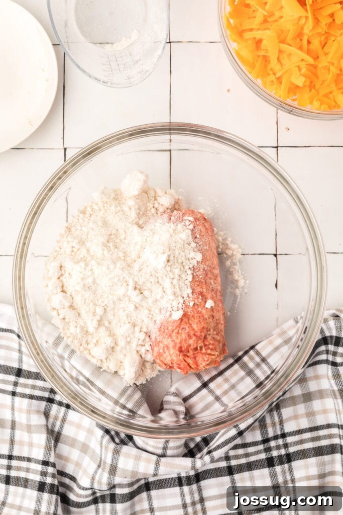 Cheesy Sausage Balls 4 Ground sausage and biscuit baking mix added to a large mixing bowl, ready for combining.