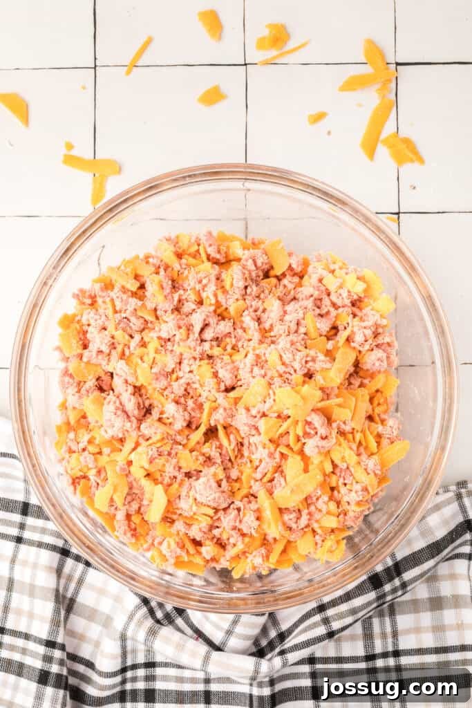 Cheesy Sausage Balls 7 The sausage, biscuit mix, and cheese are fully combined into a uniform mixture in the bowl.