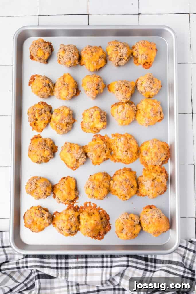 Cheesy Sausage Balls 9 Freshly baked golden brown sausage balls on a baking sheet, indicating they are cooked through and ready.