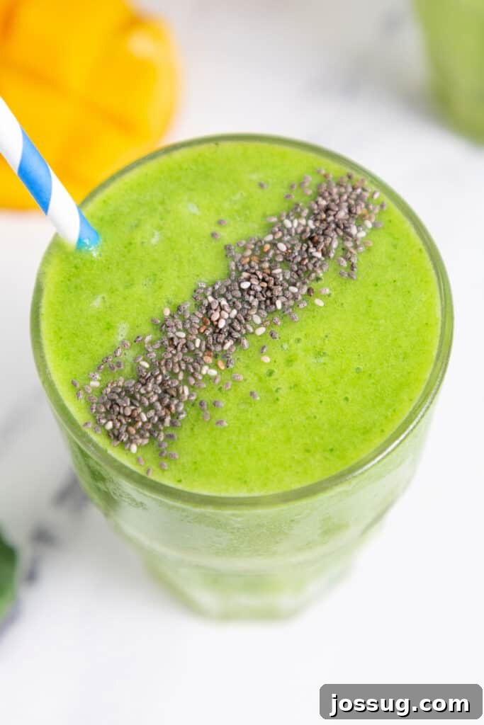 looking down onto a glass of green smoothie topped with chia seeds