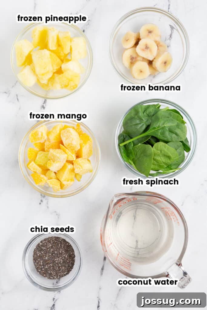 ingredients laid out on a table to make a pineapple green smoothie, including frozen fruit, spinach, coconut water, and chia seeds