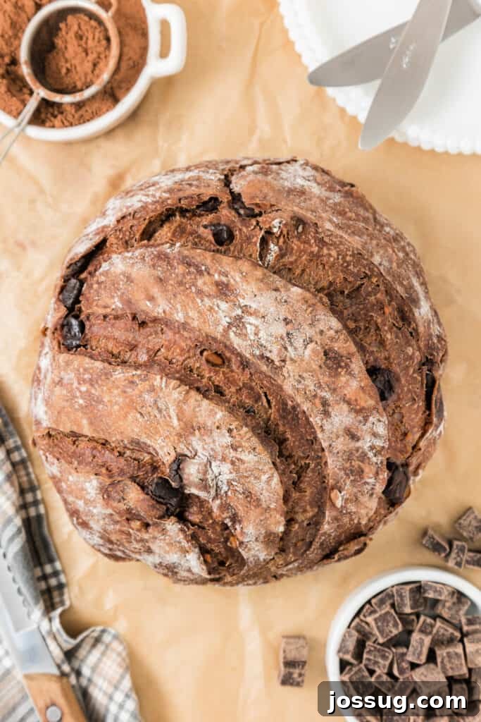 A beautifully baked loaf of chocolate no-knead bread with a golden-brown crust and visible chocolate chunks