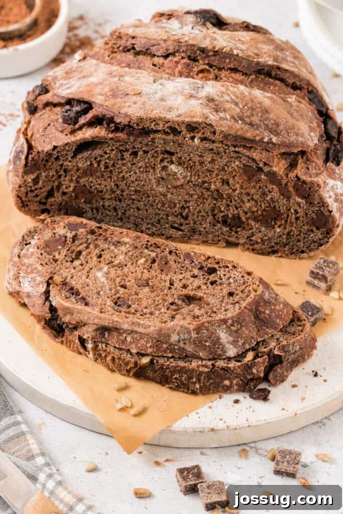 Three perfectly sliced pieces of chocolate no-knead bread, revealing the soft, airy interior with melted chocolate chunks