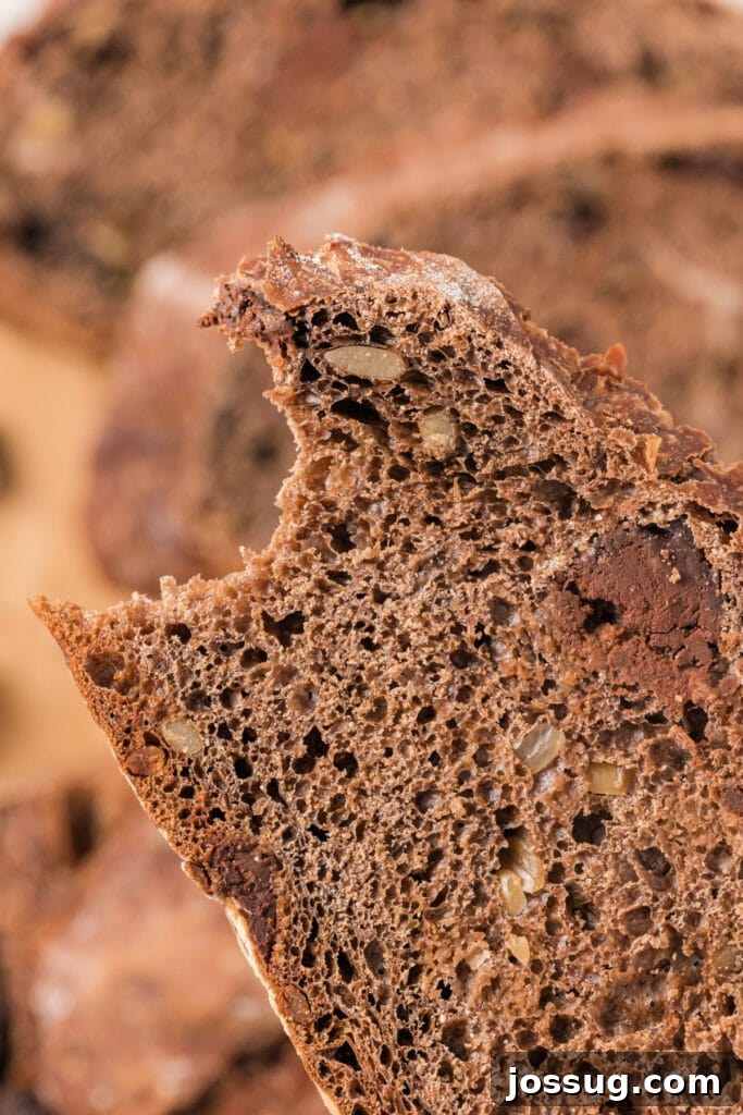 A close-up of a slice of chocolate no-knead bread with a bite taken out, showing the soft crumb and chocolate chunks