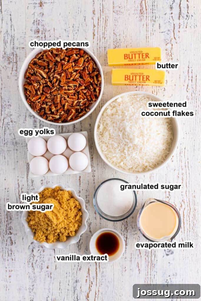 Toasted Coconut Pecan Frosting 3 All the necessary ingredients for making homemade coconut pecan frosting, including brown sugar, granulated sugar, butter, egg yolks, evaporated milk, vanilla extract, sweetened coconut flakes, and chopped pecans, laid out on a clean surface.