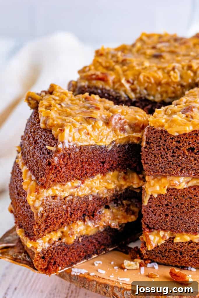 Chocolate Coconut Pecan Delight 16 Place the cake into the fridge for 1 hour to set before cutting and serving.