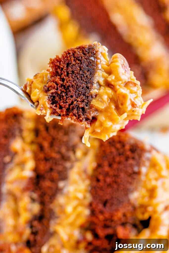 Chocolate Coconut Pecan Delight 17 closeup of a bite of german chocolate cake on fork