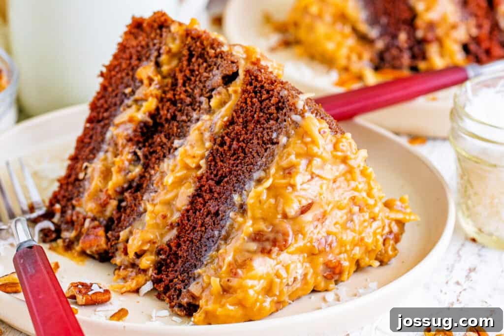 Chocolate Coconut Pecan Delight 18 slice of german chocolate cake on plate