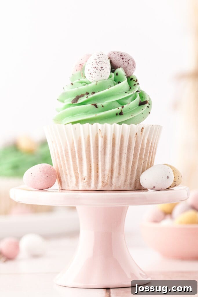 Hoppy Easter Vanilla Cupcakes 2 vanilla easter cupcake on a cupcake stand, ready to be enjoyed