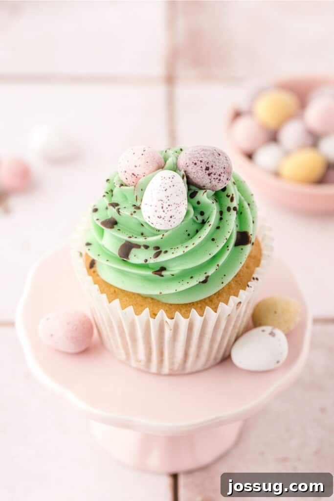 Hoppy Easter Vanilla Cupcakes 3 looking down on a cake stand with a vanilla easter cupcake on it, showcasing its perfect frosting swirl