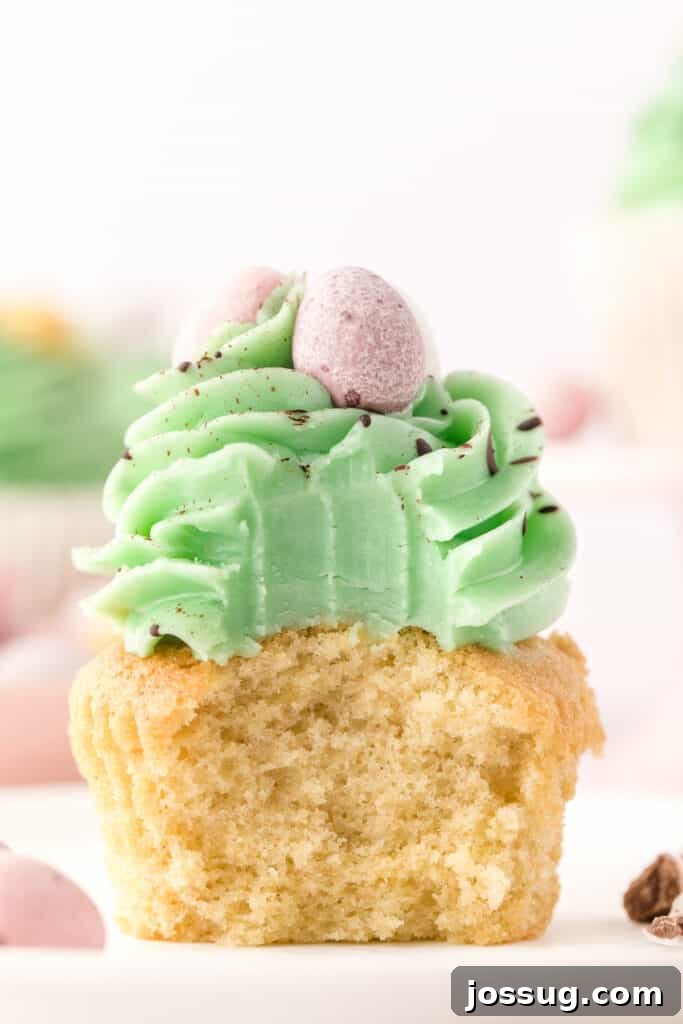 Hoppy Easter Vanilla Cupcakes 4 closeup of the inside of a vanilla easter cupcake, showing its moist crumb