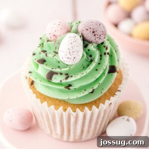 Hoppy Easter Vanilla Cupcakes 7 closeup of vanilla cupcake topped with speckled swiss meringue buttercream
