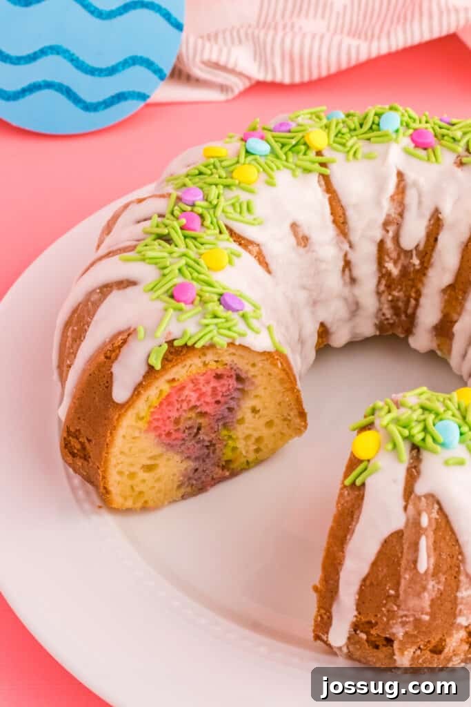 Slice of Easter Swirl Bundt Cake on a plate, showing a clear view of the distinct colorful swirls