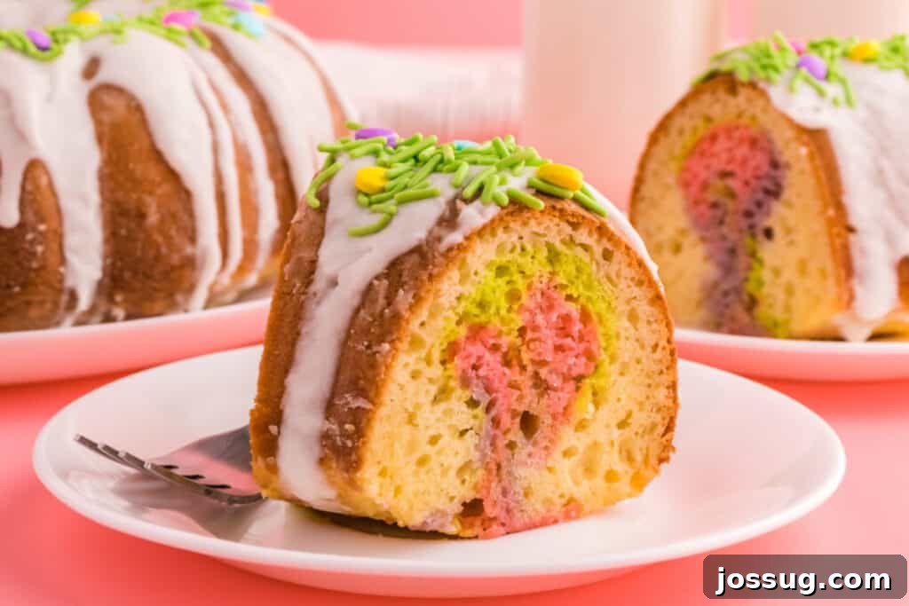 Another perspective of an Easter Swirl Bundt Cake slice on a plate