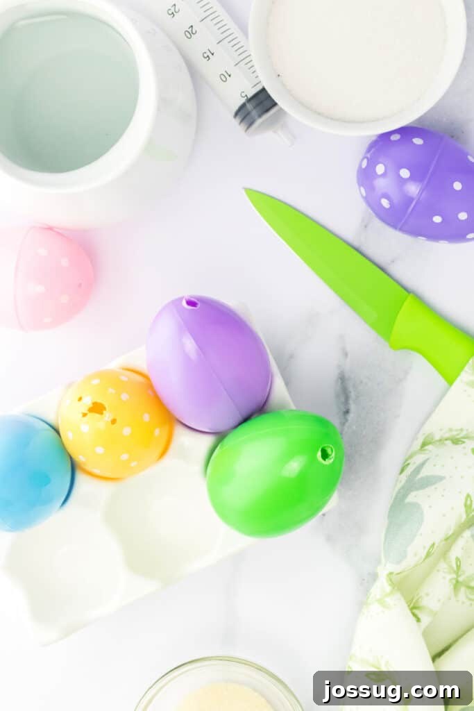 Hoppy Hour Jellies 4 Using a sharp knife, carefully make a small hole (or make an existing one a little larger) at the top of the plastic Easter egg.
