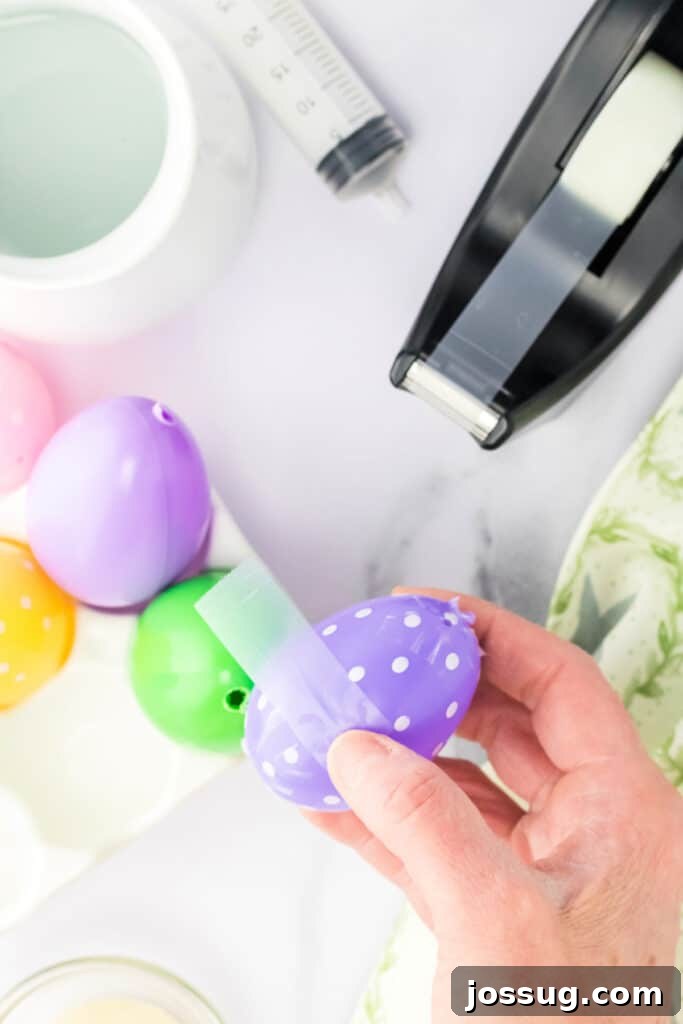 Hoppy Hour Jellies 6 Put the two sides of the egg together and seal the seams using scotch tape. A lot of the plastic Easter eggs have drainage holes, be sure to cover those with tape too. Set in the holder and aside for now. Leave open the hole that you made (or made larger).