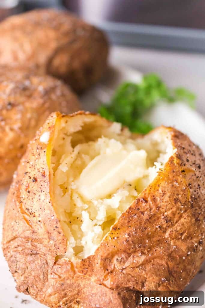 Crispy Air Fryer Spuds 2 Closeup of an air fryer baked potato split open with butter inside, ready to be served.