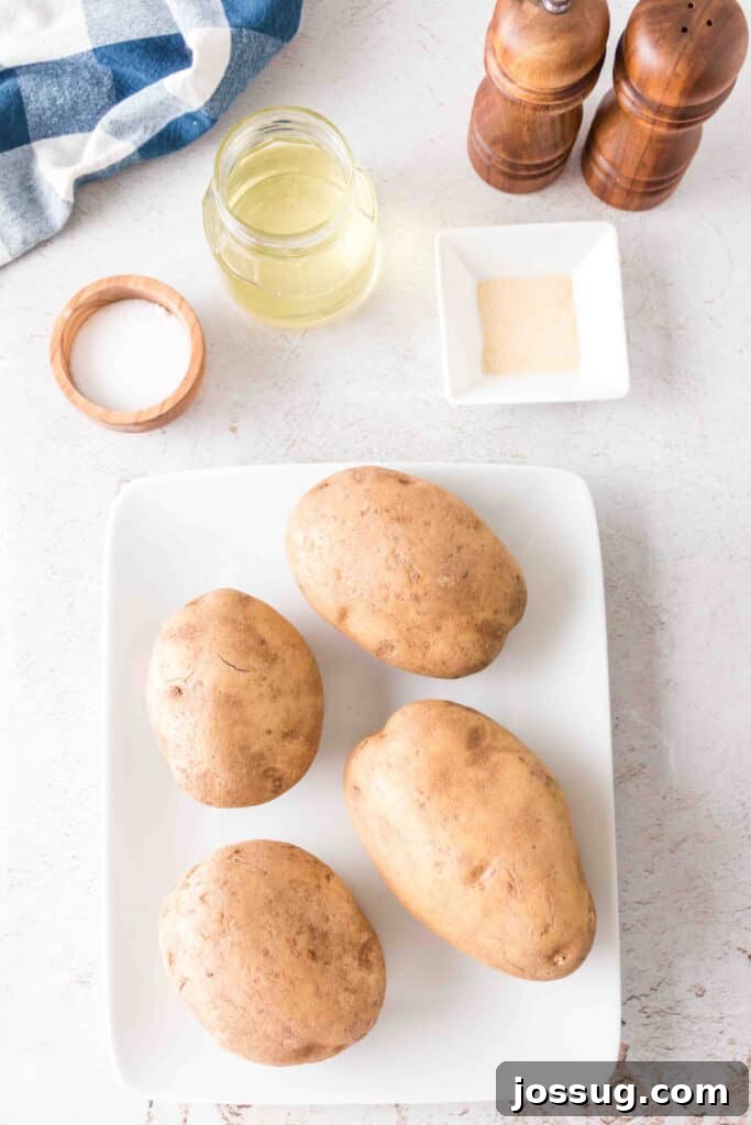 Crispy Air Fryer Spuds 3 Ingredients laid out for making air fryer baked potatoes, including Russet potatoes, olive oil, salt, and onion powder.