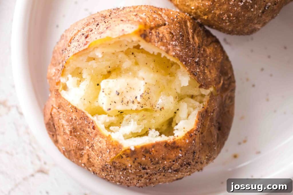 Crispy Air Fryer Spuds 6 A perfectly air fried baked potato, split and generously topped with melting butter, ready to be enjoyed.